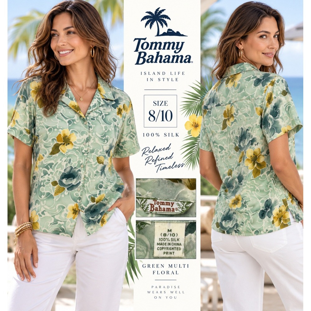 Tommy Bahama Womens M 8/10 100% Silk Green Floral Hawaiian Camp Shirt #1873